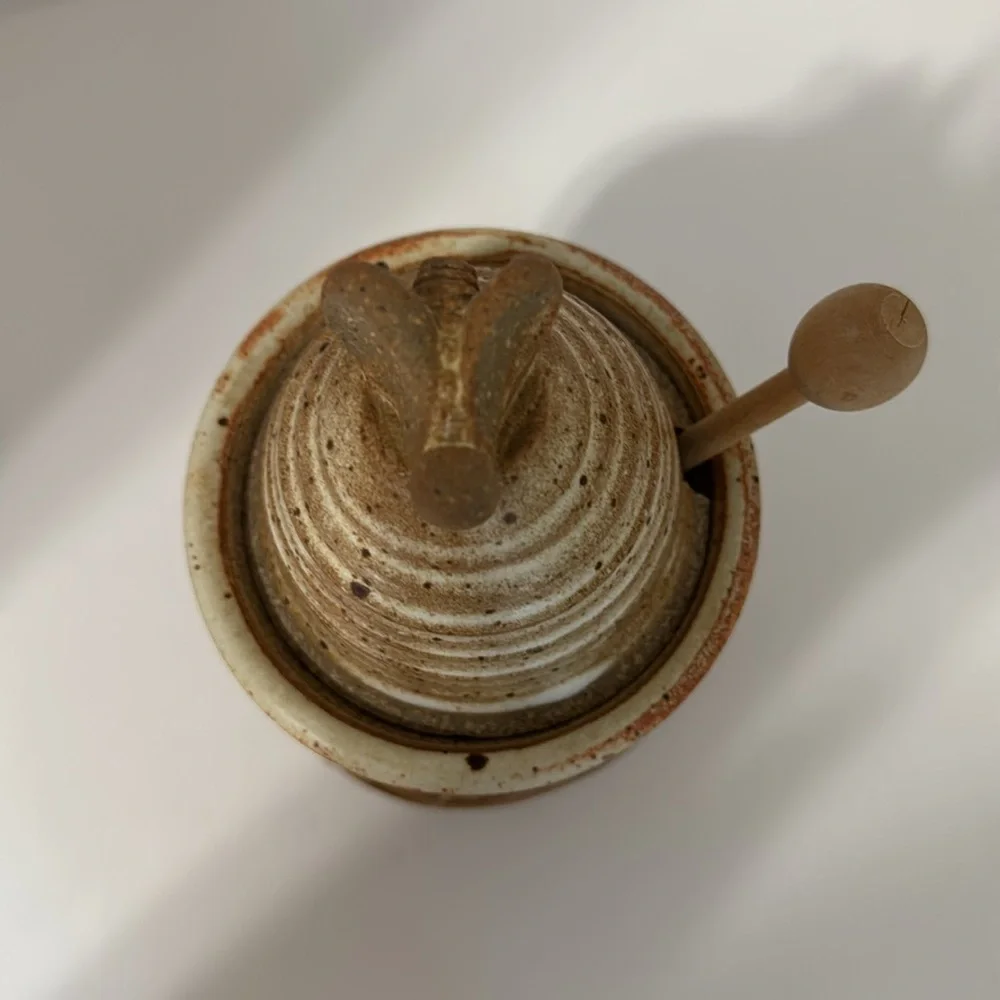 Vintage Wagner Village Pottery Honey Pot Jar Wood Dipper Signed Stoneware Lidded